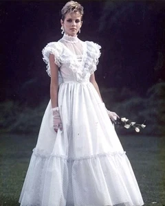 Vintage 1970 Gunne Sax Wedding Dress White Polka Dot Lace Ruffle Bow Tie SZ0-2 - Picture 1 of 17