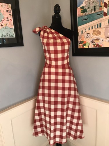 Abito midi Kate Spade New York nuovo con etichetta rosso e bianco Gingham Lava Falls taglia 14