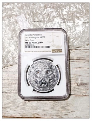 MONGOLIA 2018 500 TUG WILD BOAR 1 OZ .999 SILVER ANTIQUE FINISH NGC MS-69 - Image 1 of 3