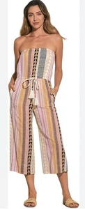 Elan Women's Jumpsuit Cropped Size Medium Strapless Colorful Cotton Striped - Picture 1 of 12