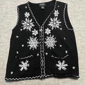 Chaleco Suéter Diseñador Originales Studio Joy Para Mujer M Negro Blanco Copo de Nieve Borde - Imagen 1 de 4