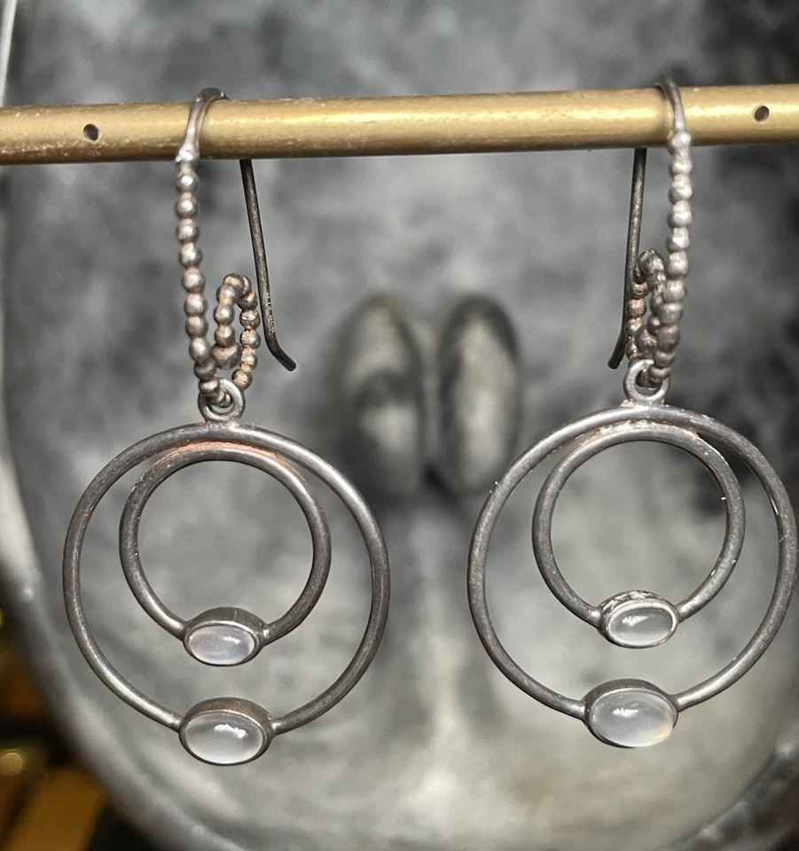 Pandora Sterling Silver Moonstone Double Hoop Dangle Earrings RARE - Image 1 of 4