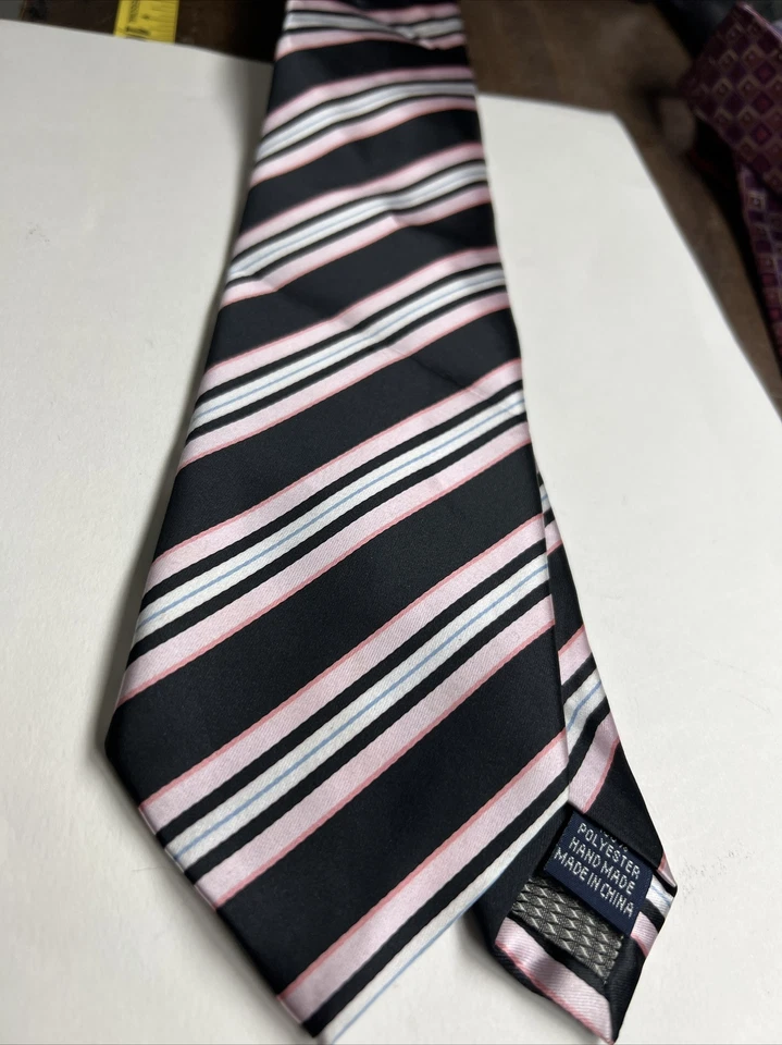 Corbata/corbata Croft&Barro negro/rosa/blanco/azul rayas poliéster 58”x4” Foto 1 de 4