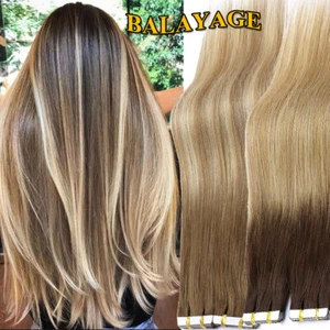 10-60pcs Tape In Real Human Hair Extensions Seamless Skin Weft Balayage Ombre US - Picture 1 of 64
