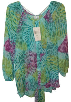 Top Jaclyn Smith Talla 2X Hojas de Palma Transparentes Abotonadas Manga 3/4 CORBATA CINTURA NUEVO CON ETIQUETAS $26 Foto 1 de 4