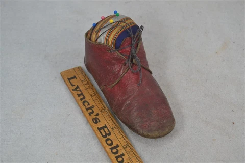 sewing pincushion early 19thc red leather child shoe make do original antique Cover