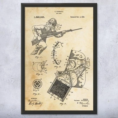 Póster de arte de pared patente máscara de gas Primera Guerra Mundial, lienzo o enmarcado soldados regalos uniforme del ejército Foto 1 de 4