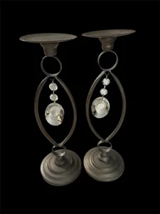 Brushed pewtertone Candlesticks With Crystal Center - Picture 1 of 2