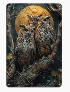 METAL ART-Owl Family in Moonlight, Retro Wall Decor 8x12" - Picture 1 of 4
