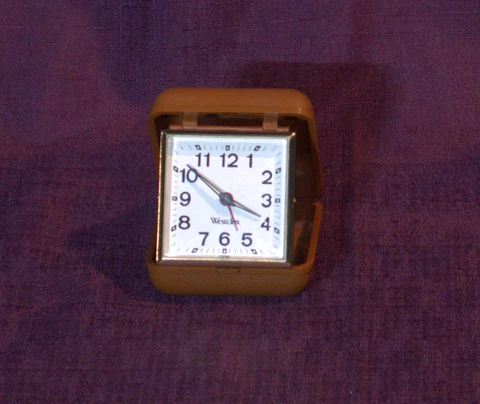 Westclox Vintage Travel Clock Wind Up Alarm 2" Square White Face Brown Case D-1 Cover