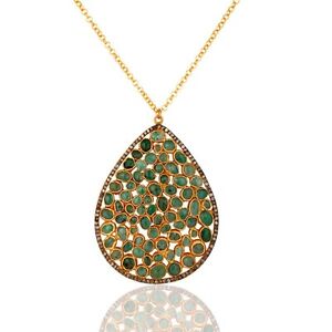 21.29 Ct. Emerald Pave Diamond 925 Sterling Silver Pendant Necklace Jewelry