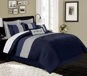 Chezmoi Collection Loft 8-Piece Luxury Striped Comforter Set (King, Navy/Gray... - Picture 1 of 7