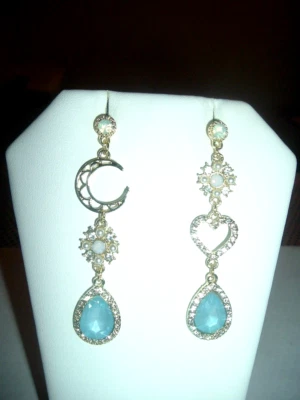 MOON HEART Blue Gem TEARDROP DANGLING LONG Betsey Johnson Pierced EARRINGS-NWT - Image 1 of 4