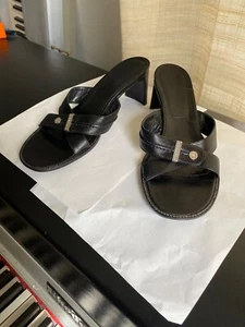 Chanel black leather mules 38-7.5 heels sandals slides slip-ons ins pumps clogs - Picture 1 of 10