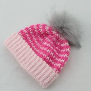 Small Pink Beanie with Grey Pompom Handmade Crochet for Child - Picture 1 of 3