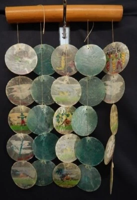 Handpainted Capiz Shell Windchimes White & Seafoam Green Phillipine Artistry - Image 1 of 4
