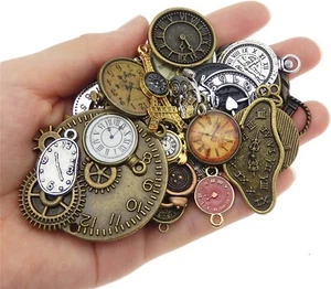 Steampunk Clock Charms Antiqued Bronze Silver Jewelry Supplies Mixed Lot 5pcs - Picture 1 of 2