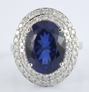 CERTIFIED 10 CT LAB GROWN SAPPHIRE 18KT SOLID WHITE GOLD ENGAGEMENT RING - Picture 1 of 6