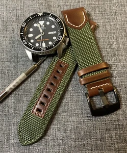 Canvas Leather Watch Strap - Dual Colour Deep Green / Brown PVD Steel 20mm/22mm - Picture 1 of 6