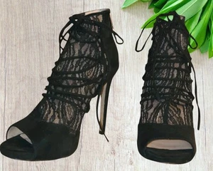 Jessica Simpson Raysha Women Open-Toe Canvas Black Lace Bootie Back Zip 9 /39 - Picture 1 of 12