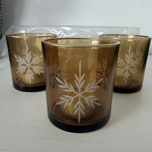 NEW Set of 3 Gold Glass Etched Snowflake Votive Candle Holders Holiday Decor - Picture 1 of 11