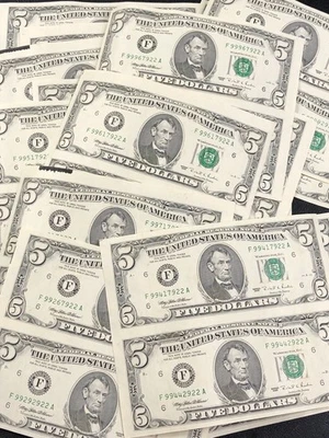 1x Pair 1995 $5 Five Dollar Note Bill Uncut Uncirculated Banknote Sheet Atlanta - Image 1 of 2