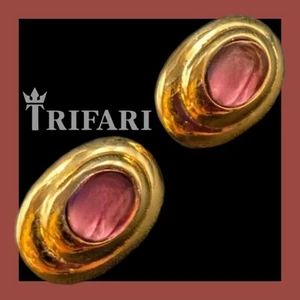 Vintage CROWN TRIFARI Earrings PURPLE OVAL Goldtone CLIP-ON Cocktail SECRETARY - Picture 1 of 10