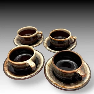 Vintage Pfaltzgraff Gourmet Brown Drip Set 4 Coffee Tea Cups and Saucers Plates - Picture 1 of 11