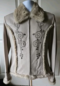 Cripple Creek Full Zip Soft Leather Jacket Tan Rhinestone Faux Fur Women's Med. - Picture 1 of 16