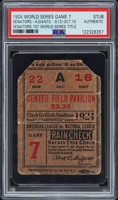 1924 World Series Game 7 Ticket Stub Senators Walter Johnson Clincher PSA AUTH - Image 1 of 2