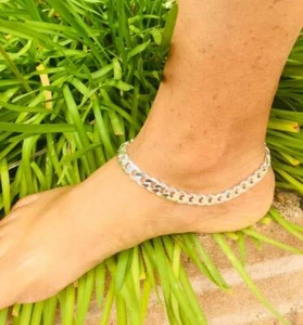 Solid Metal Women's 3 MM x 7" Cuban Link Anklet 14k White Gold Plated Silver - Picture 1 of 4