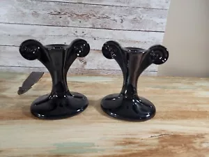 Coppia 5" portacandele vintage Fostoria vetro pergamena greca ebano nero - Foto 1 di 10