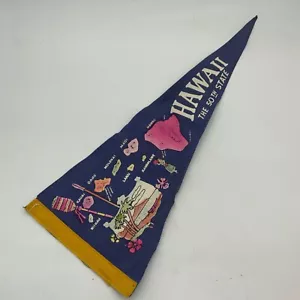 Vintage Pennant Hawaii The 50th State 1960s Retro Blue Felt 46cm - Picture 1 of 8