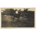 Antique Photo Boy On Dark Horse Back Equestrian Western Farm Vintage Snapshot