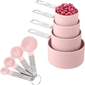 Juego de 8 vasos medidores y L?ffel con asas rosadas de acero inoxidable - Imagen 1 de 9