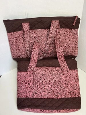 Travelon 粉色棕色花卉托特包大号 Sm 口袋拉链旅行手提包钱包 — 第 1/4 张图片