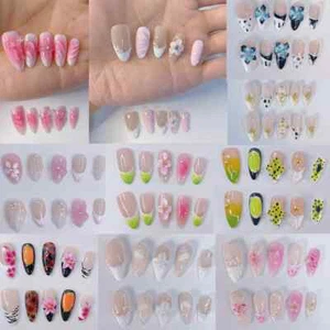 Handmade Summer French 3D Devil Flower Fake Nail Medium Almond Press On Nail Set - Picture 1 of 33