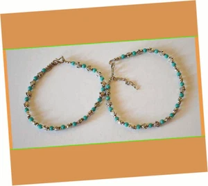 Türkis Perlen oxidiert Silber Metall Fußkettchen Paar (2 Stück) Fußschmuck Indien - Bild 1 von 4