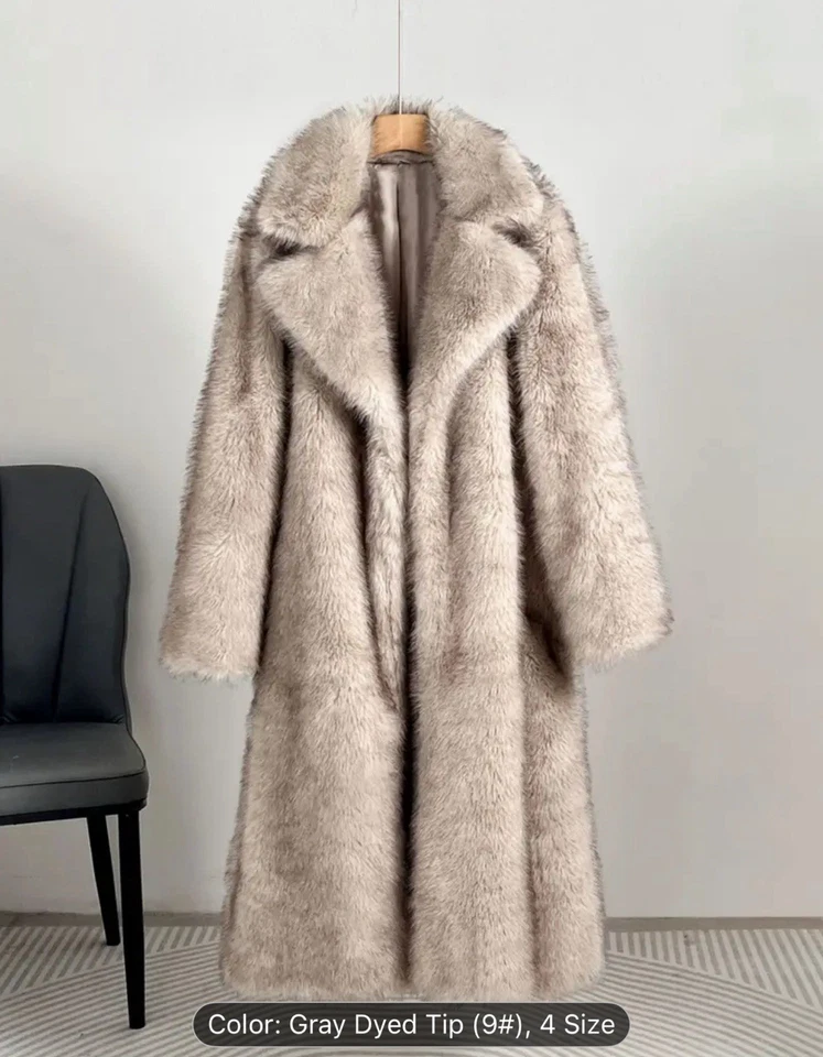 Abrigo largo de invierno de piel sintética para mujer con cuello, silueta en forma de H longitud completa Foto 1 de 4