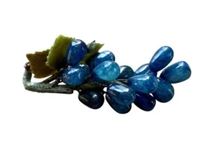 Vintage Blue Agate Grape Cluster With Carved Jade Leaves - Picture 1 of 6