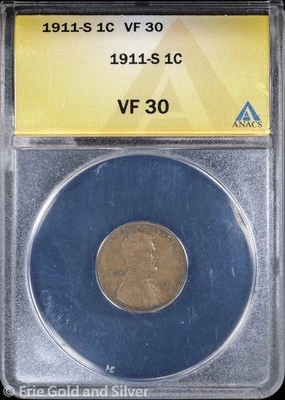 1911-S 1C Lincoln Wheat Cent ANACS VF 30 - Image 1 of 4