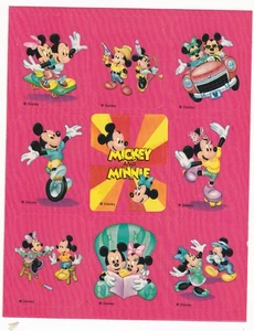 Hoja de pegatinas vintage de Mickey y Minnie Mouse años 80 rosa 9 poses diferentes - Imagen 1 de 2