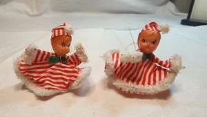 Pair of Vintage Christmas Pixie Elf Candy Cane Red White Stripe Ornaments, JAPAN - Picture 1 of 6
