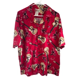 Hilo Hattie Men's Hawaiian Shirt Red Hibiscus Guitars Size Large - Picture 1 of 6
