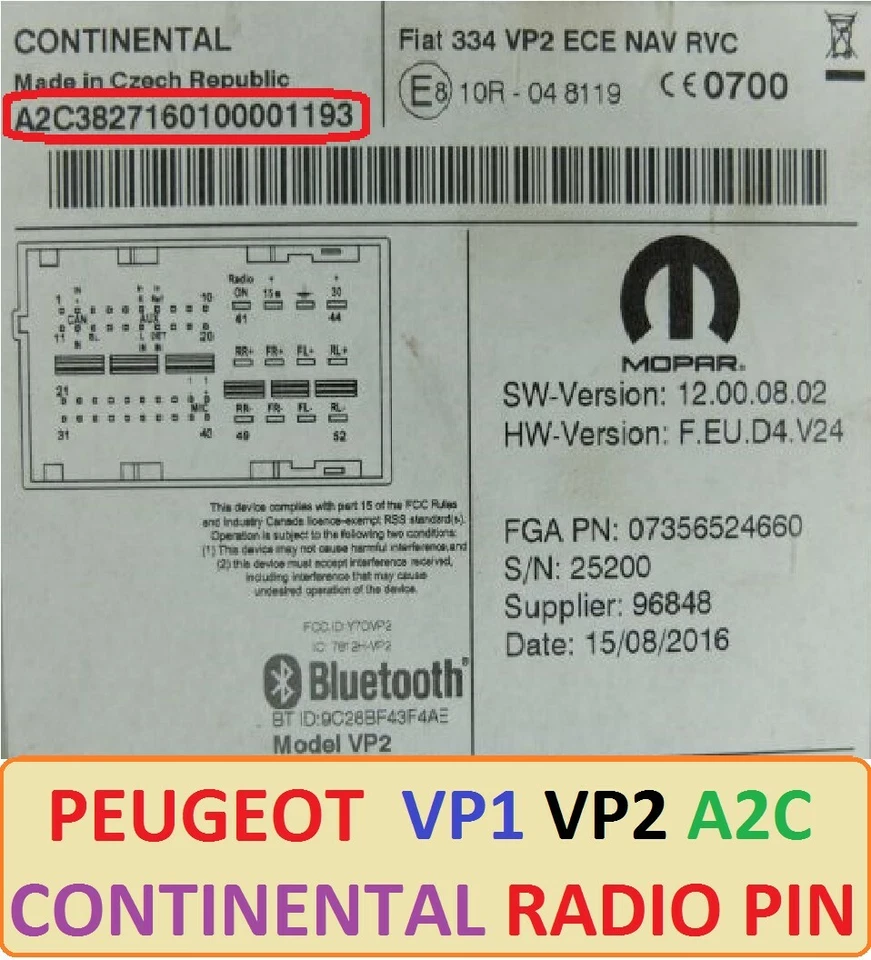 Unlock radio Code provided PEUGEOT CONTINENTAL UNLOCK CODE A2C VP1 VP2 Stereo - Image 1 of 1