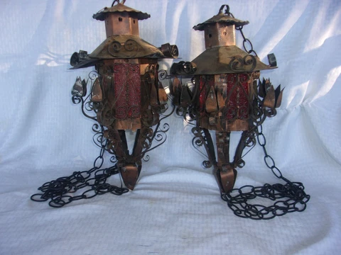 2 Vintage Spanish  Hanging Lamp w/Tulips Swag Filigree Metal Lantern Gothic Cover