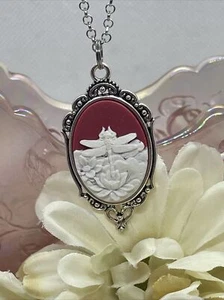 Cameo Necklace Silver Heart Dragonfly Red Easter Wedding Jewelry Spring Prom New - Picture 1 of 8