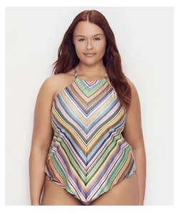 BECCA Plus Size East Village Striped Tankini Top Size 1X (16-18) Bathing Suit - Bild 1 von 1