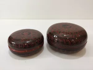 2 Vintage japanische Lackwaren Detail handgeschnitzt runde Schachteln - Bild 1 von 12