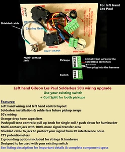 LEFT HAND Gibson Les Paul Solderless 50's wiring harness/Short shaft +Coil Split - Picture 1 of 7